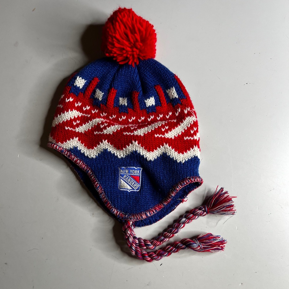 Reebok Face Off Collection New York Rangers NHL Knit Trapper Hat Beanie Pom Pom